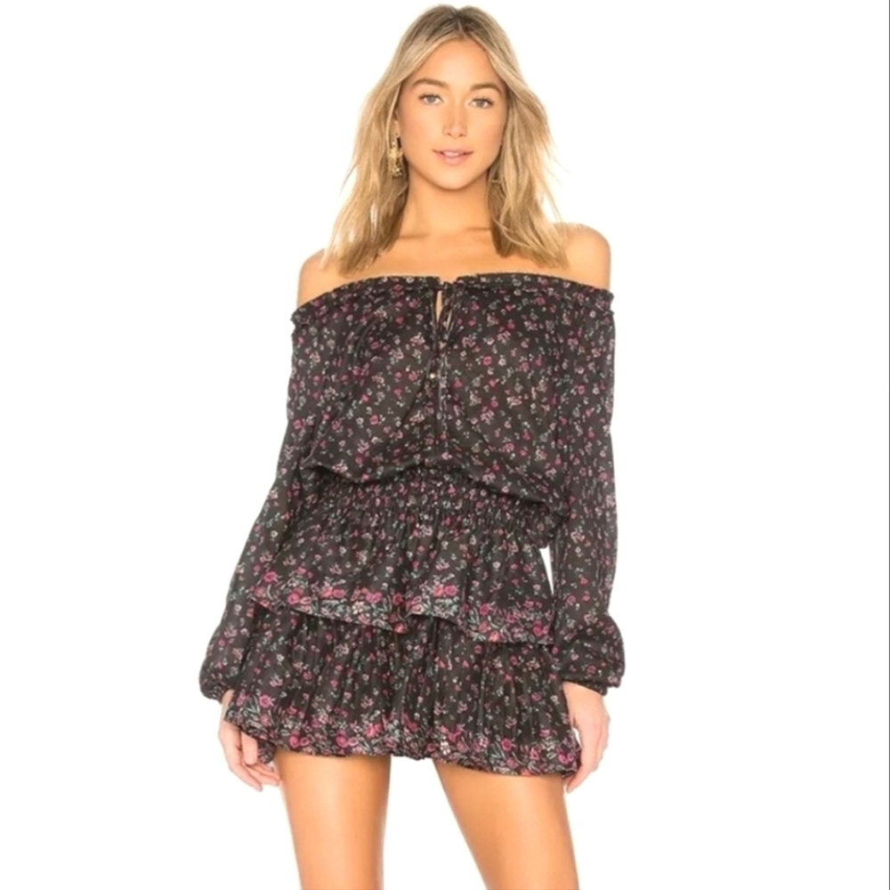 Love Shack Fancy Secret Garden Popover Black Floral‎ Smocked Waist Mini Dress M
